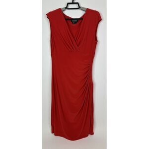 Vintage Lauren Ralph Lauren Dress Women's 4 Midi Cocktail Cap Sleeve Ruching Red